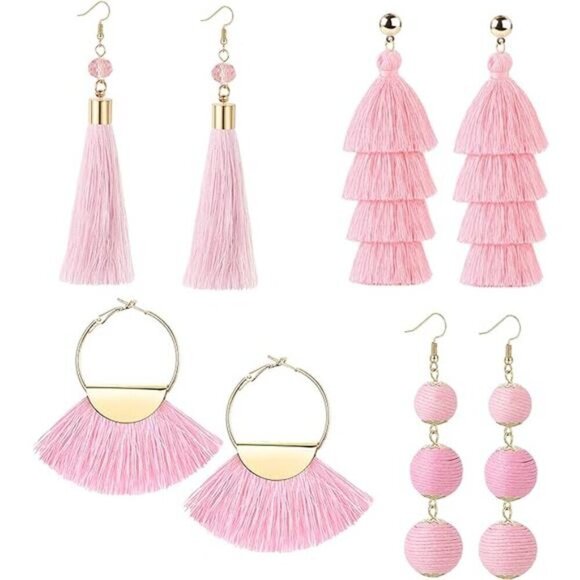 4 Pairs Pink Tassel Earrings For Women Fan Shape Tassel Earrings Long - Picture 6 of 6